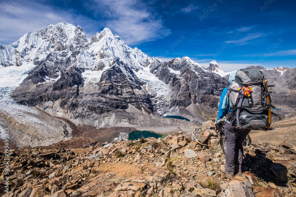 On the Huayhuash alpine circuit, facing the awesome Siula Grande and its west face. Jo Simpson had to crawl down this huge glacier when he broke his two legs.