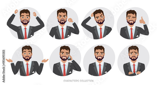 Set of emotions and poses for business man. Portrait of Male in a cartoon style experiences different emotions