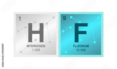 Vector symbol of hydrofluoric acid or hydrogen fluoride which consists of hydrogen and fluorine on the background from connected molecules