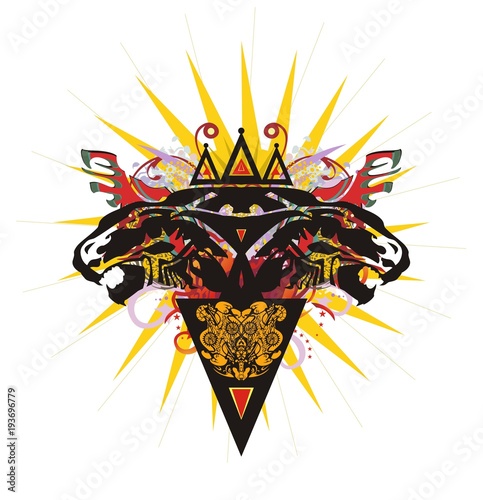Fototapeta Naklejka Na Ścianę i Meble -  Two headed lion symbol with a crown. Grunge growling lion heads against the background of an orange star, like the sun, with elements of red wings, linear patterns and the triangle directed down