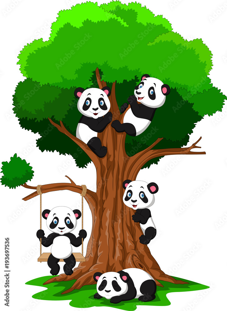 Fototapeta premium Kreskówka baby panda gra na drzewie