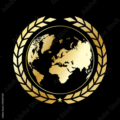 A golden globe with  wheaten wreath. Gold earth on a black background. Vector illustration.