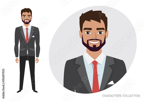 businessman with beard in formal suit. Full length portrait of Cartoon Businessman. Character for rigging and animation
