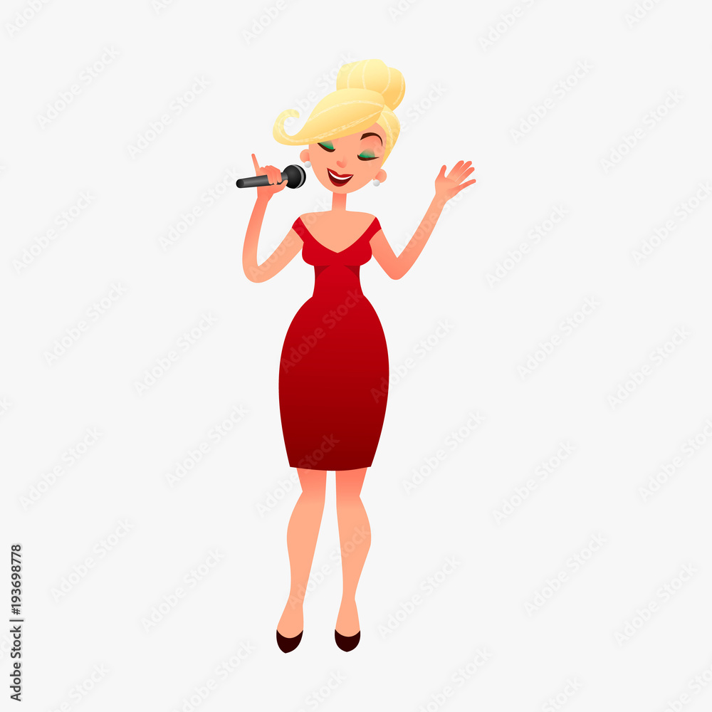 Beautilul blonde woman star celebrity jazz singer in red dress with microphone. Young girl is singing karaoke at a party. Lady performs a song with the mic Beautilul blonde woman star celebrity jazz singer in red dress with microphone. Young girl is singing karaoke at a party. Lady performs a song with the mic
