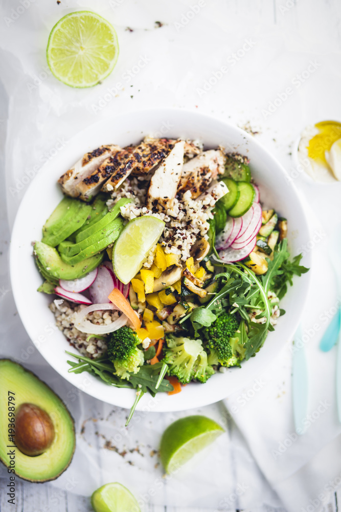 Healthy Quinoa Bulgur bowl with vegetables and chicken Healthy Quinoa Bulgur bowl with vegetables and chicken