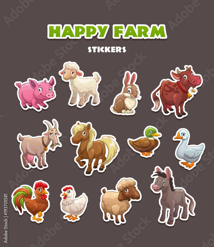 Funny farm animals stickers set.
