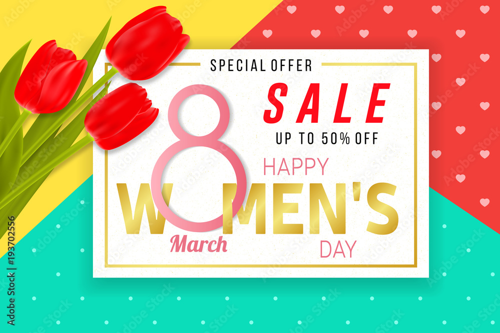 Happy Womens Day sale background with tulips.