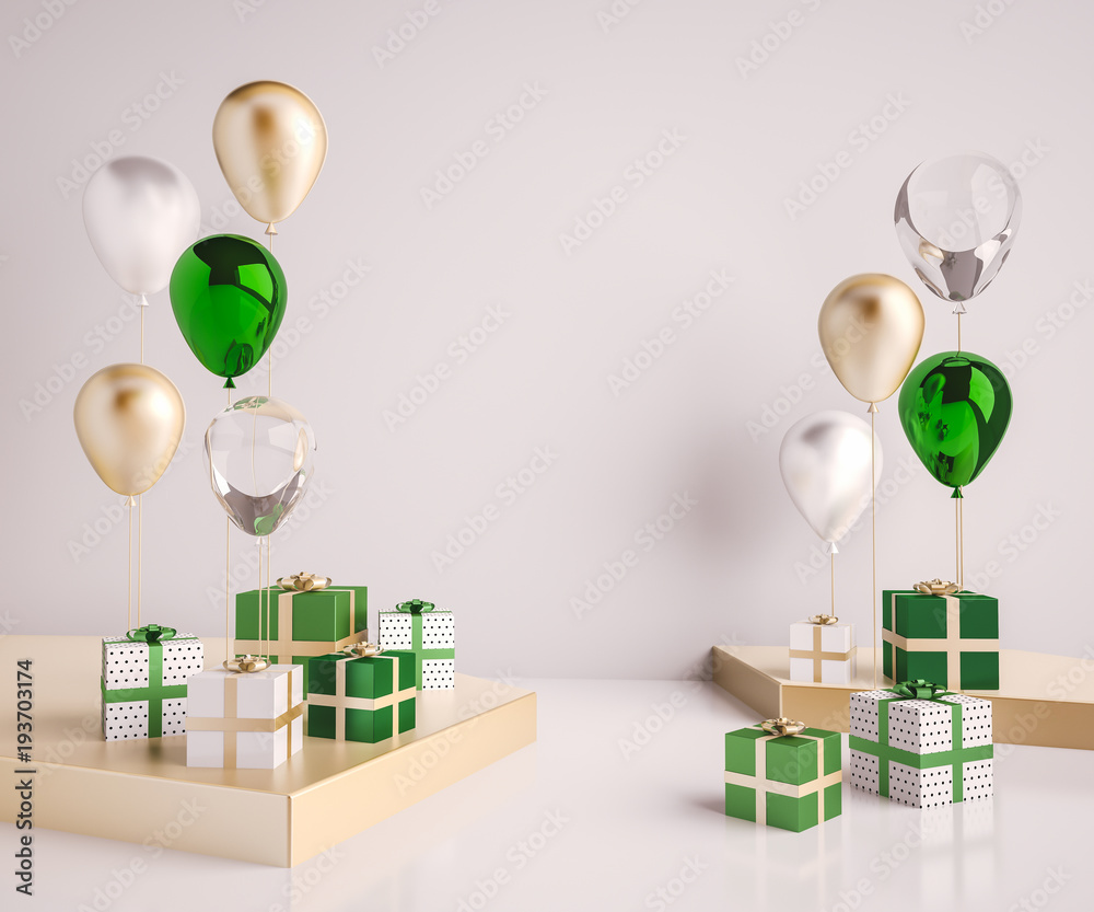 Interior scene with green and gold gift boxes and balloons. Realistic ...