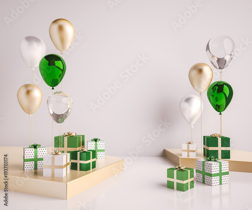 Photography Interior scene with green and gold gift boxes and balloons
