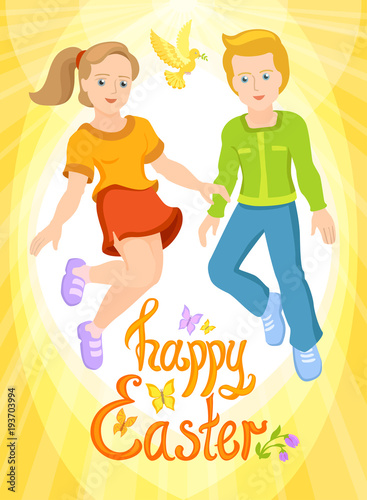 Happy Easter - boy and girl, sunny postcard