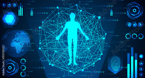abstract technology concept human body in digital link ; hud interface and scan body to verify identity on binary hi tech background