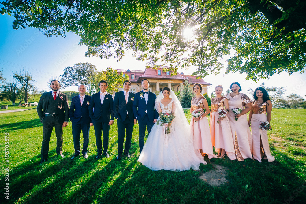 Newlywed couple, bridesmaids & groomsmen having fun outdoors. Bride and groom with best friends posing at sunny green park. Summer picture.