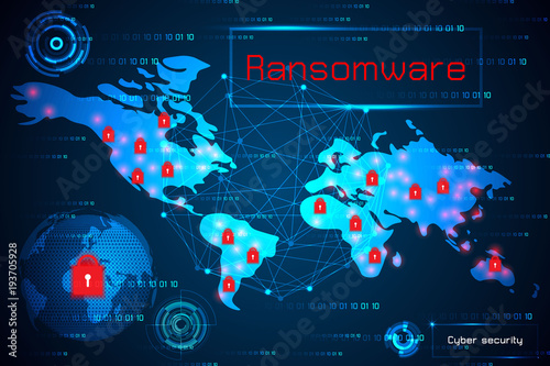 abstract technology concept cyber security with ransomware alert warning on map world, antivirus, malware and virus crime on hi tech background