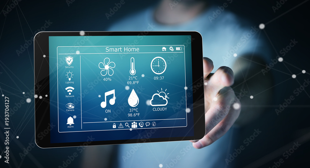 Fototapeta premium Businessman using smart home remote device 3D rendering