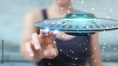 Fototapeta Naklejka Na Ścianę i Meble -  Businesswoman with retro UFO spaceship 3D rendering