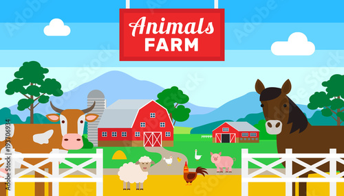 animals farm with horse cow pig sheep  poultry
