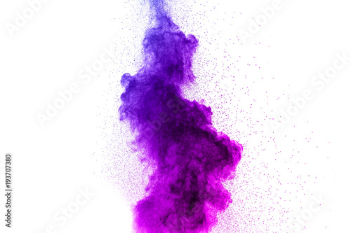 Blue-Purple color powder explosion cloud isolated on white background.Closeup of Blue-Purple dust particles splash isolated on background.