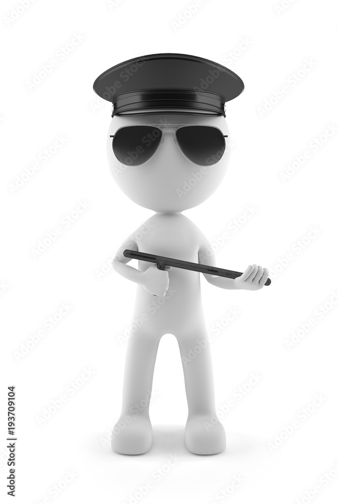 Weißes Polizei-Männchen mit Sonnenbrille und Schlagstock Stock