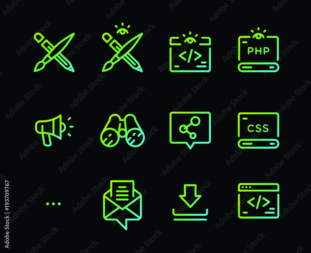 Set of vector icons of different professions. Icons for developers of mobile applications. Icons isolated on a black background. Information Technology. Professions of people. Set of vector icons of different professions. Icons for developers of mobile applications. Icons isolated on a black background. Information Technology. Professions of people.