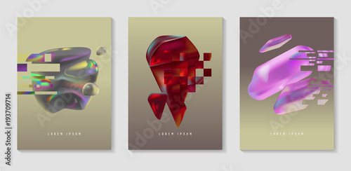 Posters, Covers with Glitch Effect and Bauhaus Fluid Shapes. Abstract Futuristic Hipster Design Set for Placard, Banner, Flyers. Vector illustration
