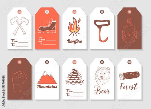 Lumberjack Hand Drawn Tags Collection. Vintage Style Freehand Elements Axe, Hipster, Woodcutter. Vector illustration