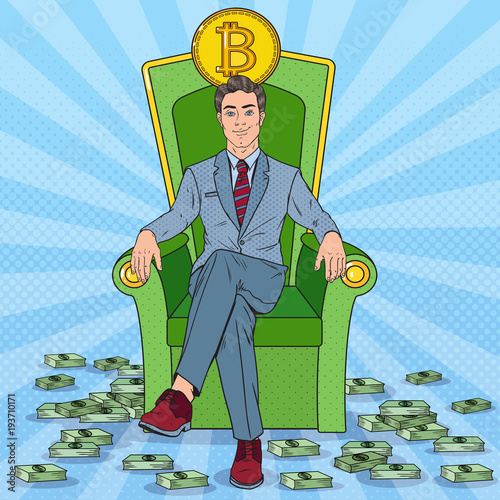 Pop Art Successful Businessman Sitting on Throne with Bitcoin and Money Stacks. Crypto currency Market Concept. Vector illustration