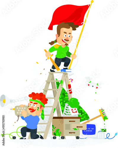 Cartoon funny employees in the office have fun. Office wars. Vector illustration isolated on white background. The template is ready for printing and the web. Celebration in the company, office.  