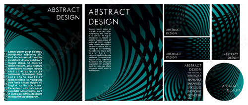 Abstract in black and green with the effect of glow, web and intersection in a linear-geometric style, a set of different formats (book, disc, business card, banner)