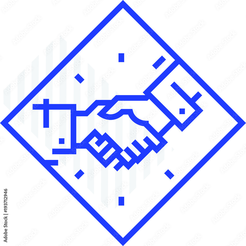 Icon Handshake. Vector Illustration isolated on white background. The fashionable icon is blue. Ready logo for print and web. Logo, mascot, symbol, emblem. The contract of partners, cooperation. Icon Handshake. Vector Illustration isolated on white background. The fashionable icon is blue. Ready logo for print and web. Logo, mascot, symbol, emblem. The contract of partners, cooperation.