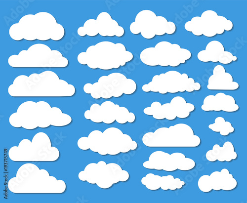 Fototapeta Naklejka Na Ścianę i Meble -  Set of Many White Clouds with Shadow on Blue Sky. Stock Vector Illustration