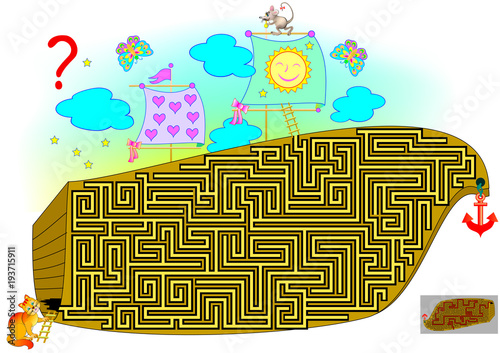 Logic puzzle game with labyrinth for children and adults. Help the cat find the way till the mouse. Vector image.
