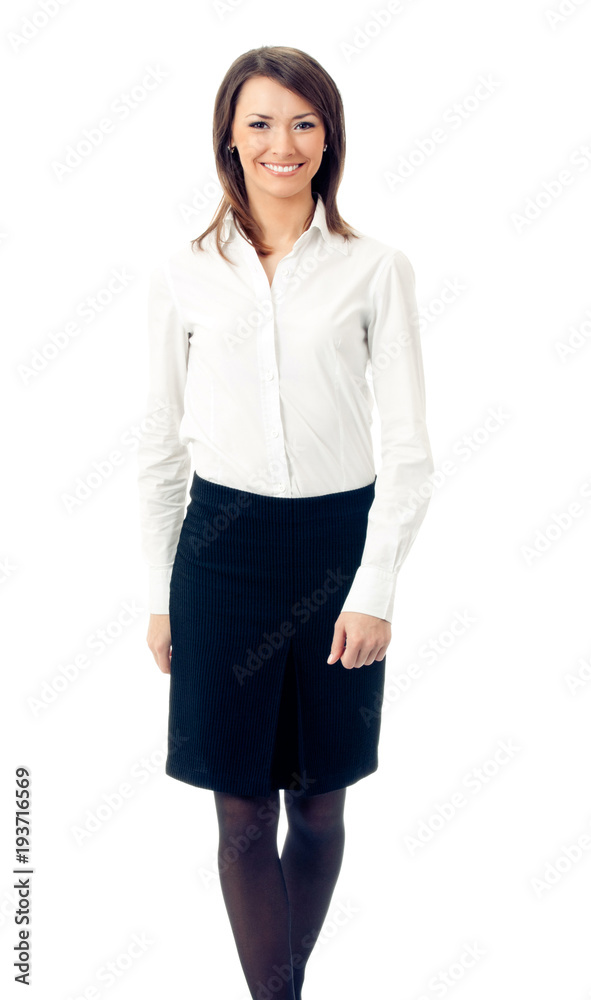 Full body of walking businesswoman, on white