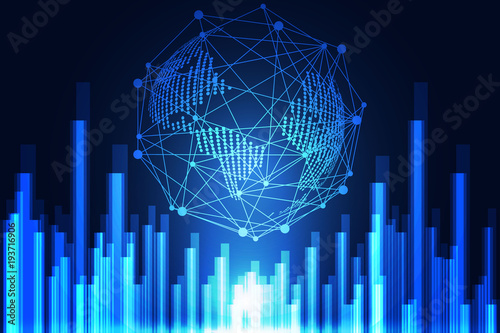 abstract technology concept world digital link network connection on hi tech blue background