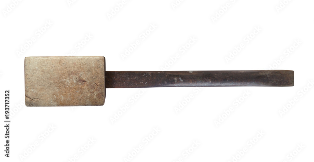 3D illustration of Grungy wooden mallet in bottom view with white background 3D illustration of Grungy wooden mallet in bottom view with white background