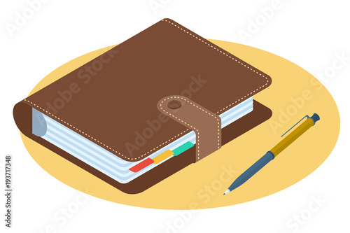Flat isometric illustration of personal planner. Business workplace accessory and supply isolated on white background. Office desktop element vector concept: agenda with leather cover and ring binder.
