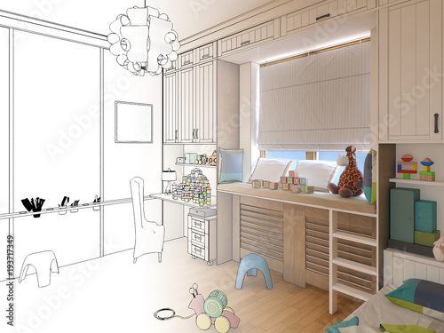 Render Children room.Graphic black white interior sketch