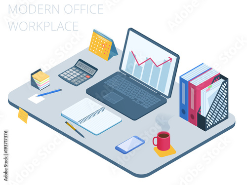 Flat isometric illustration of business workspace. Office workplace with modern technologies equipment and stationery: laptop, mobile phone, calculator, file folder, calendar. Vector work desk concept