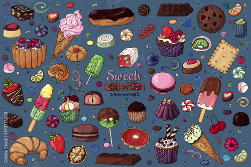 Colored vector sweet-stuff. Set of objects and symbols on the sweets theme.