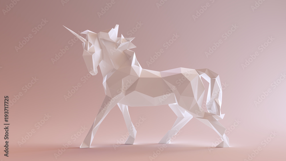 White Unicorn made out of triangles 3d illustration