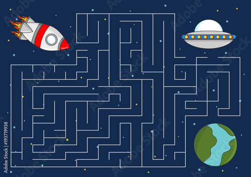 Educational maze game for children. Help rocket find the way to planet. Space theme. Vector illustration.