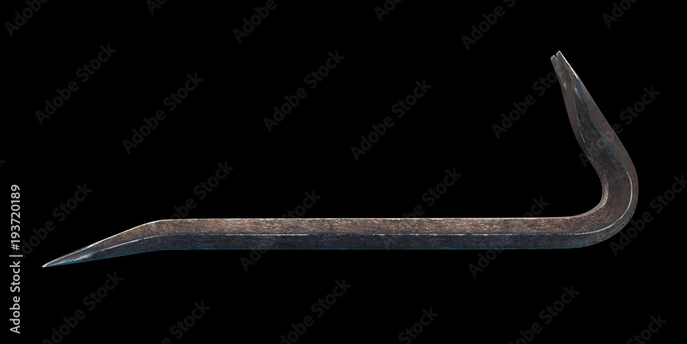 3D illustration of a rusty crowbar in front view on a black background 3D illustration of a rusty crowbar in front view on a black background