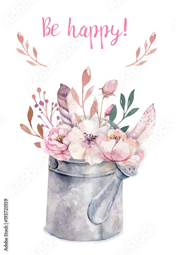 Watercolor vintage gardening tools rusty tin watering can for watering flowers. Hand drawn isolated illustration on white . Retro Flower bouquets