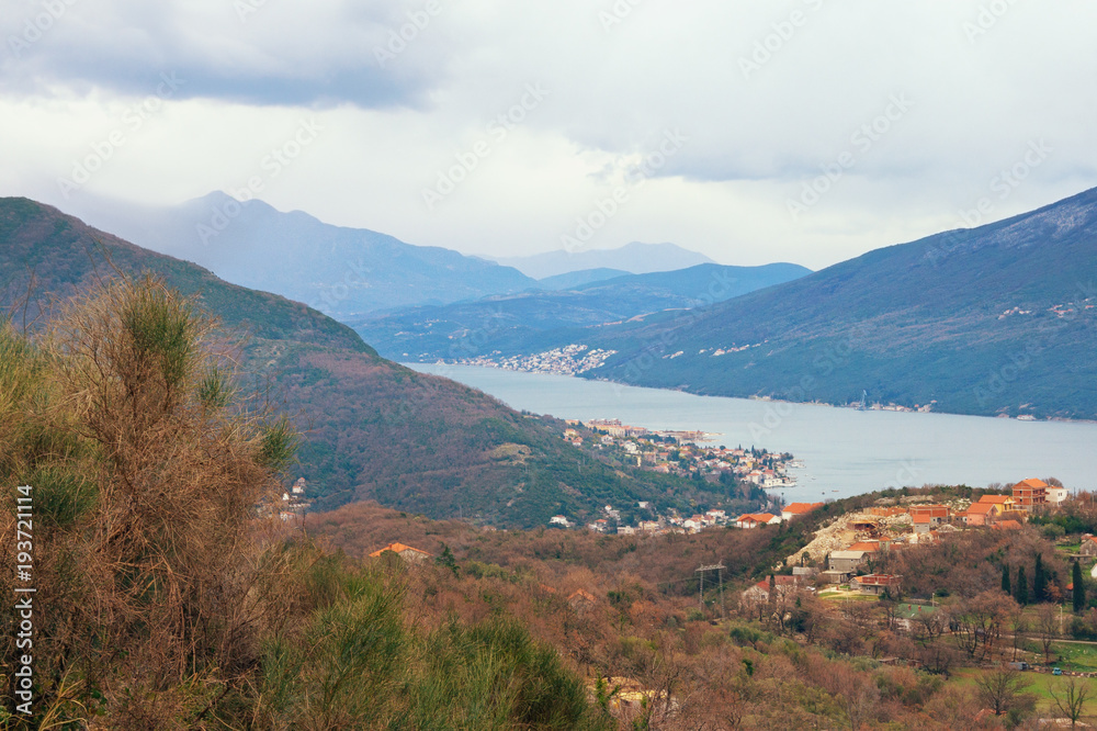Mediterranean landscape on a cloudy winter day. Montenegro, view of  Bay of Kotor near Herceg Novi city