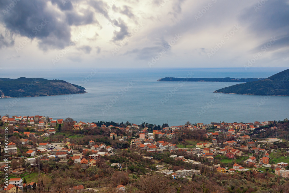 Mediterranean landscape on a cloudy winter day. Montenegro, view of  Adriatic Sea and Bay of Kotor near Herceg Novi city