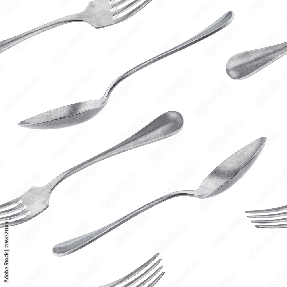Metal spoon and fork seamless pattern isolated on white background Metal spoon and fork seamless pattern isolated on white background