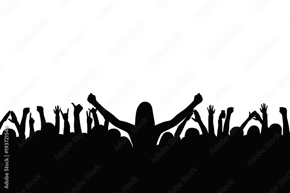 Crowd of people are applauding. People show gestures of happiness and support with raised hands Crowd of people are applauding. People show gestures of happiness and support with raised hands