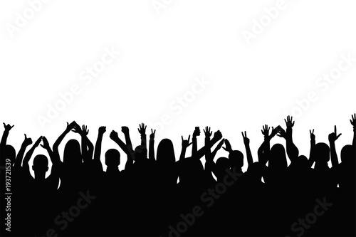 Crowd of people are applauding. People show gestures of happiness and support with raised hands