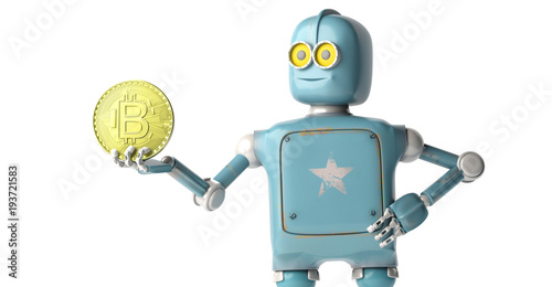 Rero Robot holding Bitcoin. Isolate on white. Crypto Currency.