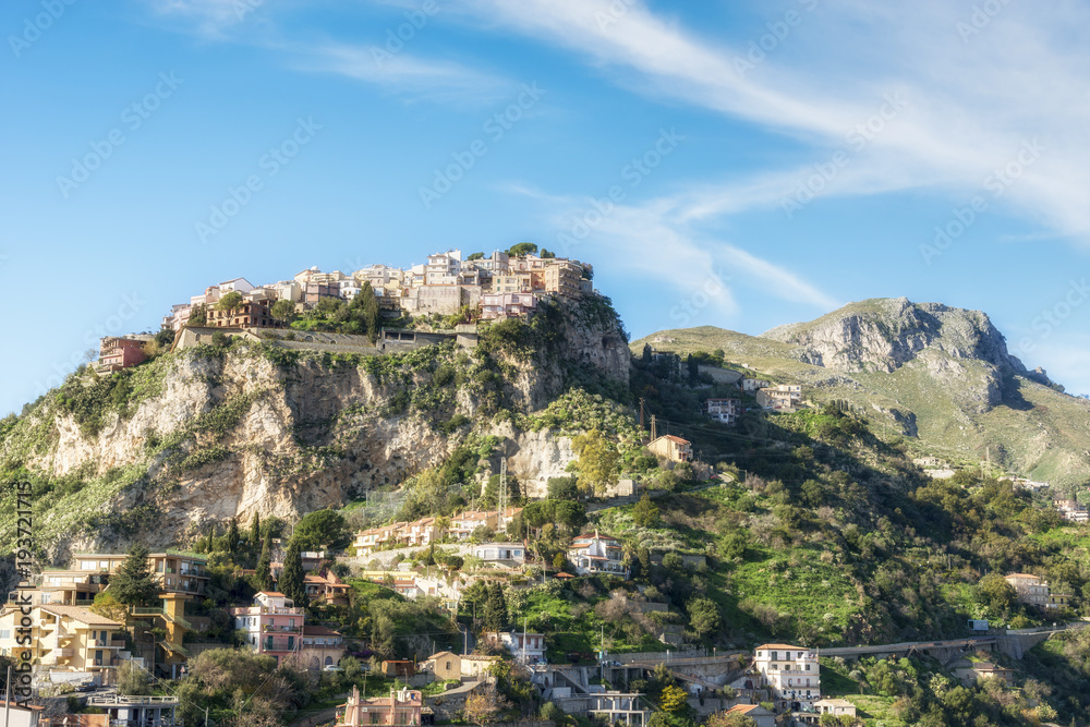 Small town Castelmola on the top of the mountain. Taormina.  Province of Messina. Sicily, Italy.