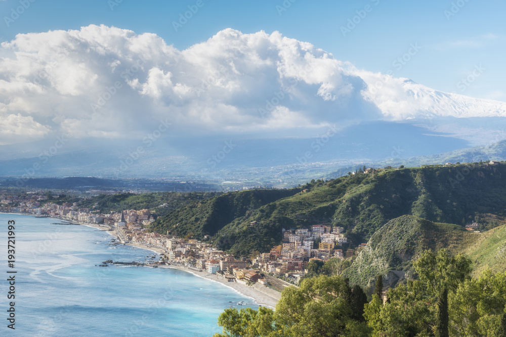 Beautiful aireal view  from Taormina. Sea coast. Province of Messina. Sicily, Italy.